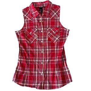 Wrangler Retro Western Shirt Womens Red Plaid Sleeveless Pearl Snap M Casual